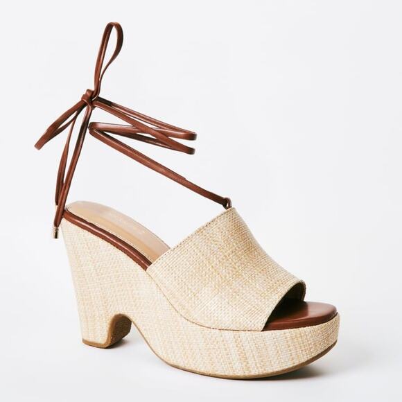 NWT/NIB SHOEDAZZLE Akari Tan Faux-Raffia/Jute Platform Wedge Sandal Tie Straps 8 - Picture 7 of 7